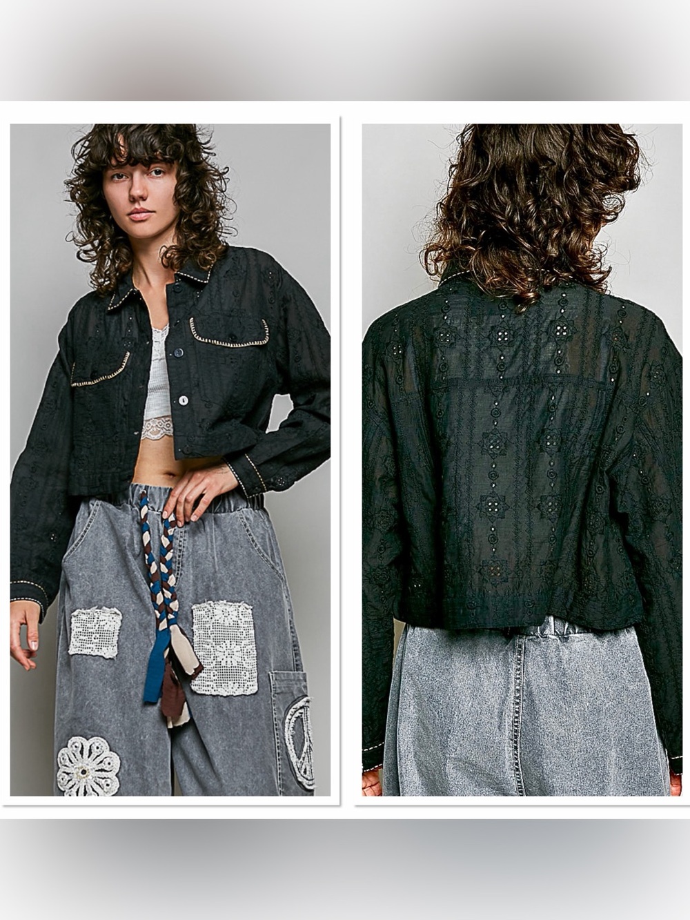 👀 ♥️ POL Cropped Button-Front Eyelet Cotton Jacket